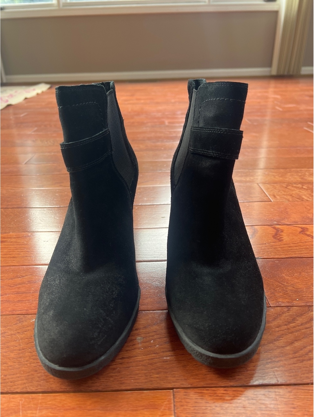Vince Camuto Black Suede Wedge Ankle Boots w Buckle Detail